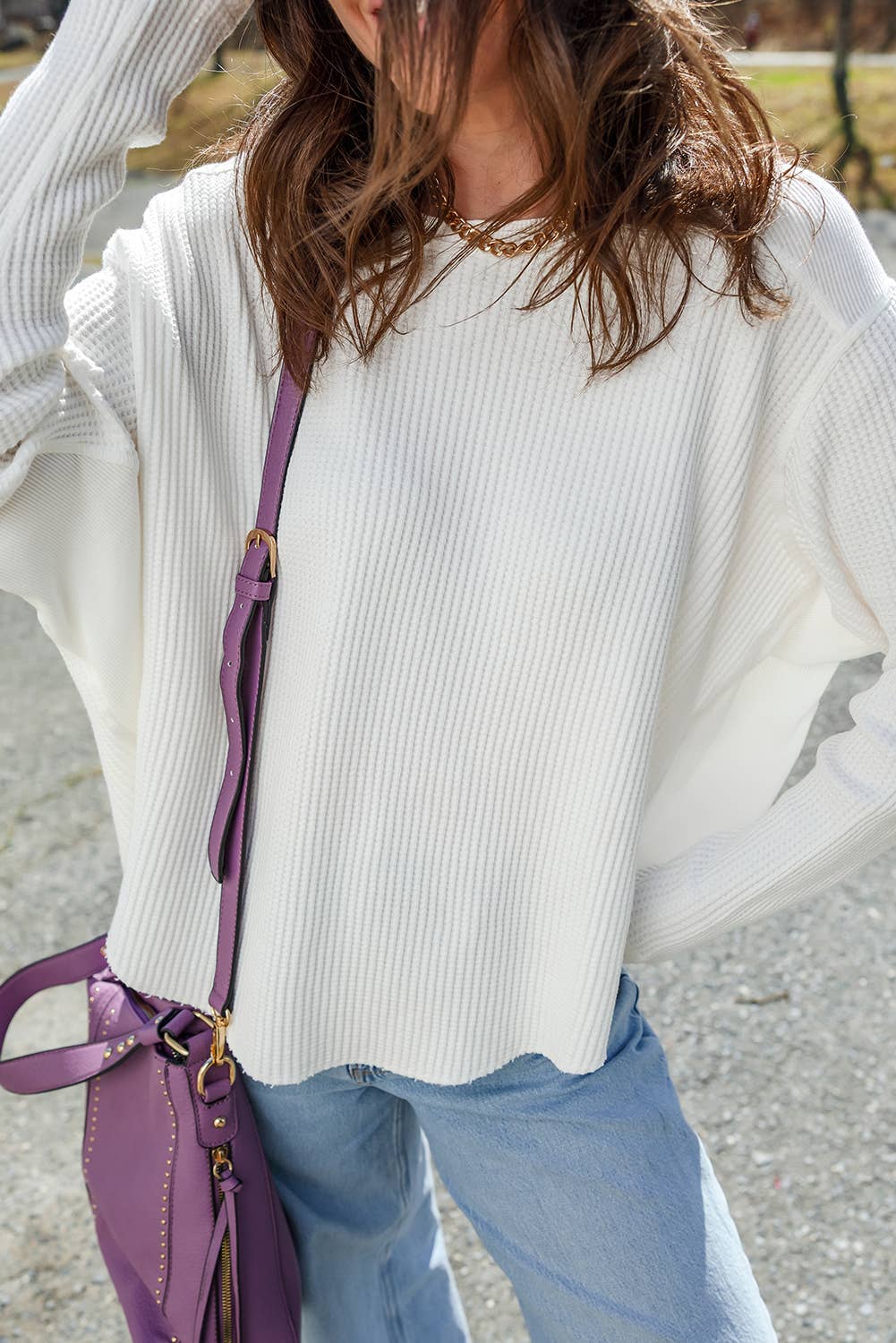 Waffle Ribbed Long Sleeve Oversize Top