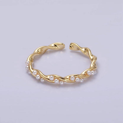 Dotted Pearl Lined Twisted Ring