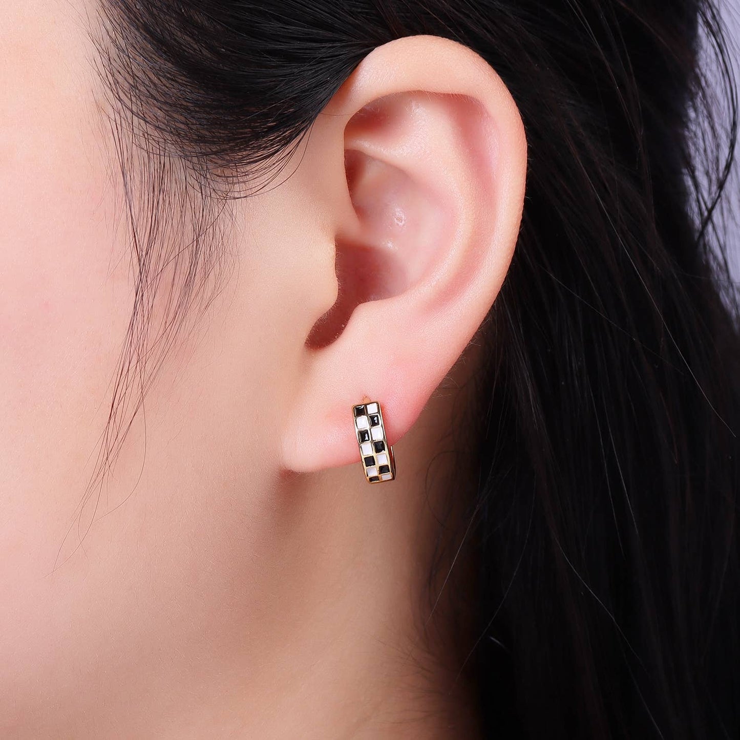 Black Checkered Huggie Earring